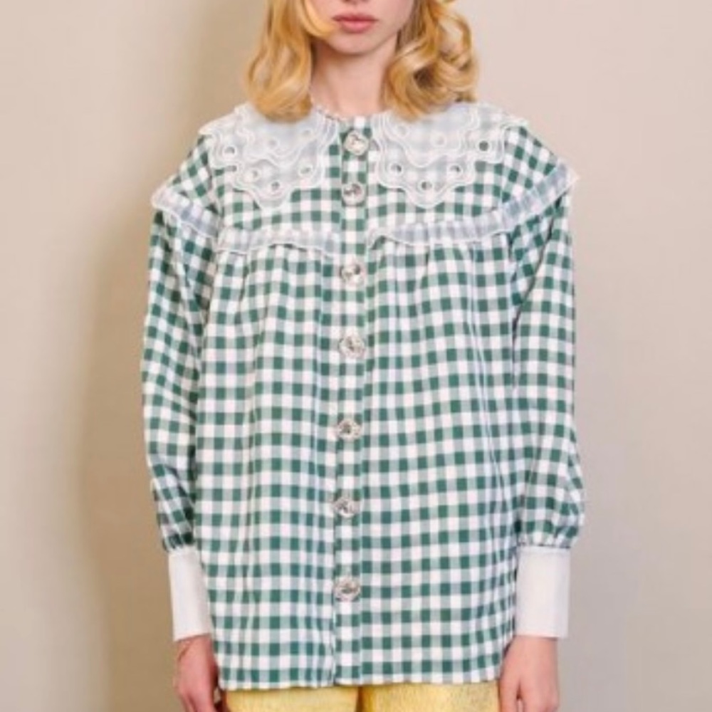 SisterJane Dream Check Ruffle Blouse. NWT.